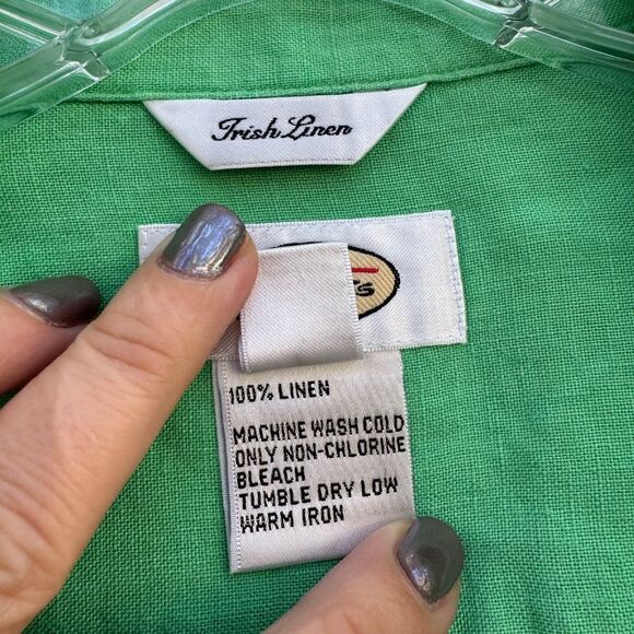 Talbots Vintage Women's Irish Linen Button-Front V Neck Blouse in Green - Large - Picture 4 of 6